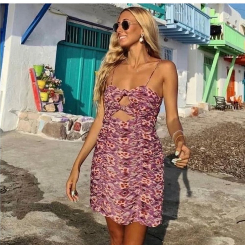 Zara bloggers favorite ruched purple metallic mini dress size M